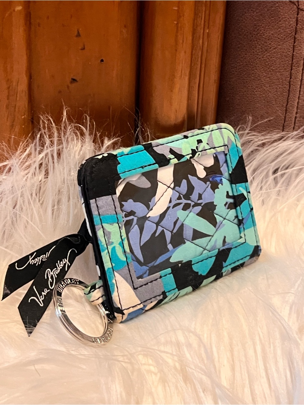 Vera Bradley Quilted Card Holder Wallet in Aqua, Black & White Floral Print